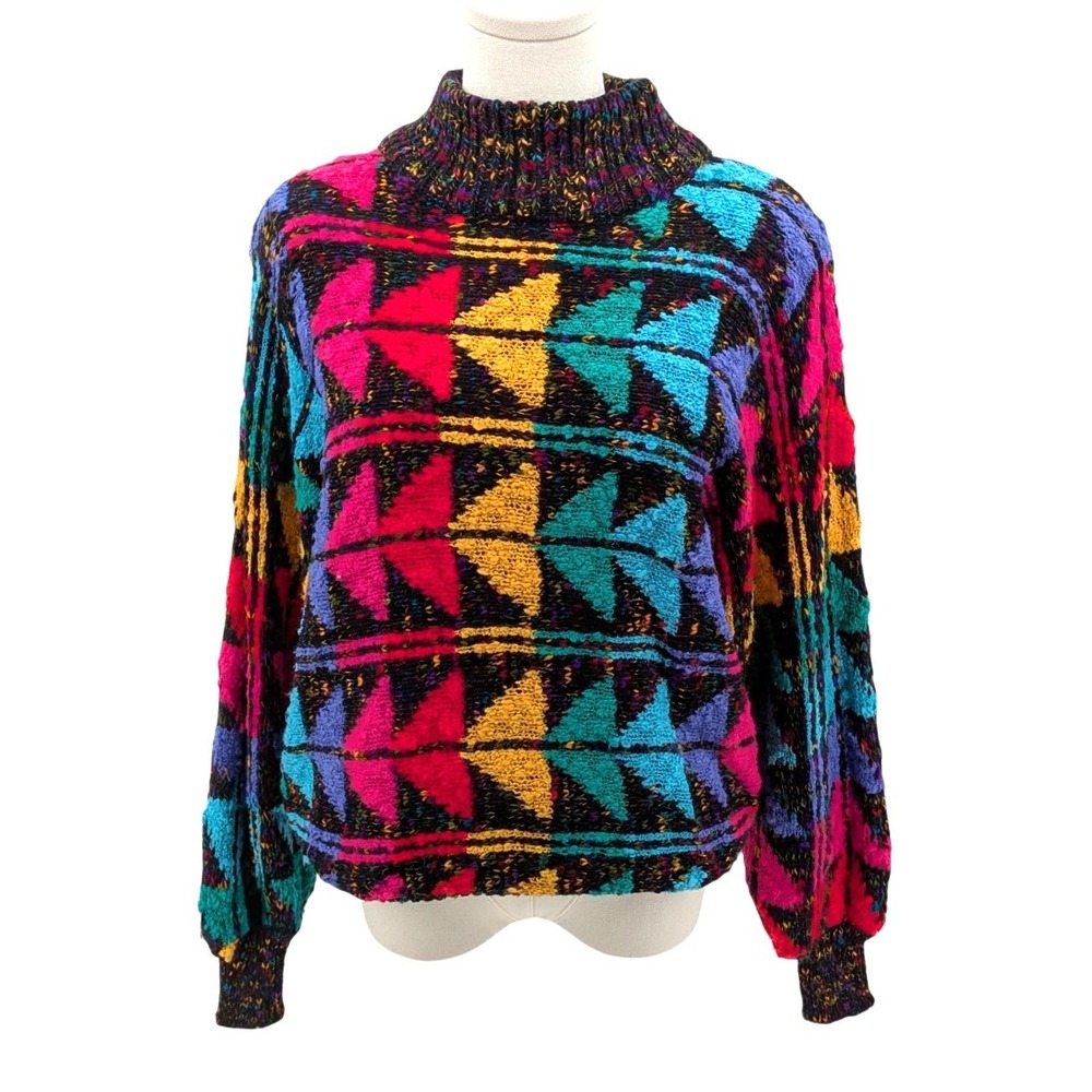 Vintage 80s Geometric Sweater Blue Reign Textured Knit Neon Colorblock M